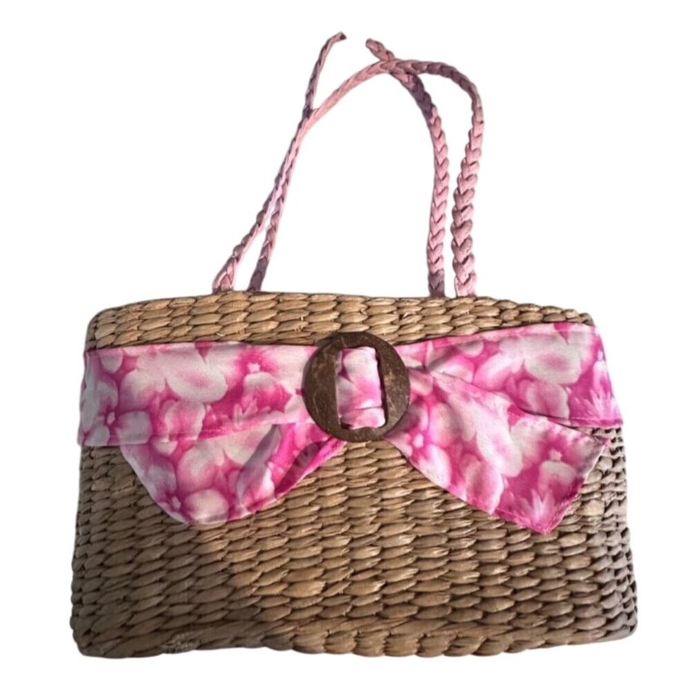 Woven Straw Handbag With Pink Floral Fabric & Braided Handles